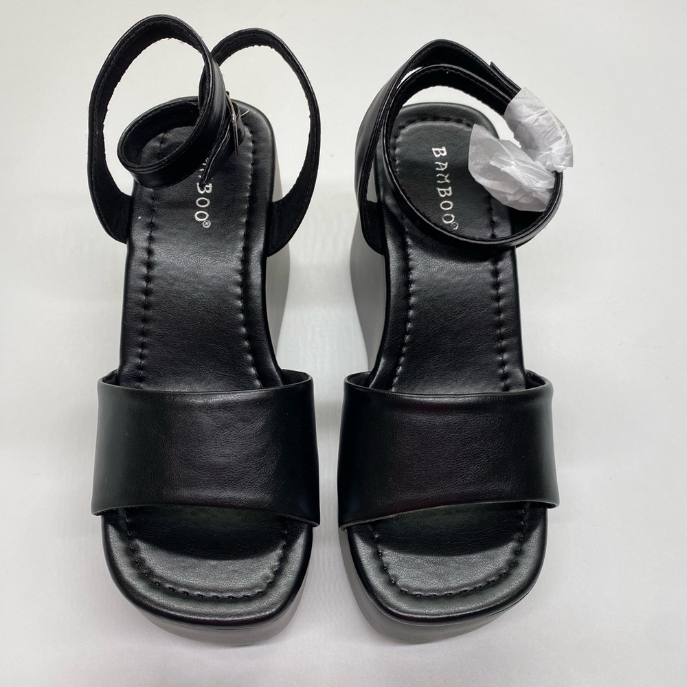 Bamboo black strap up wedged heels